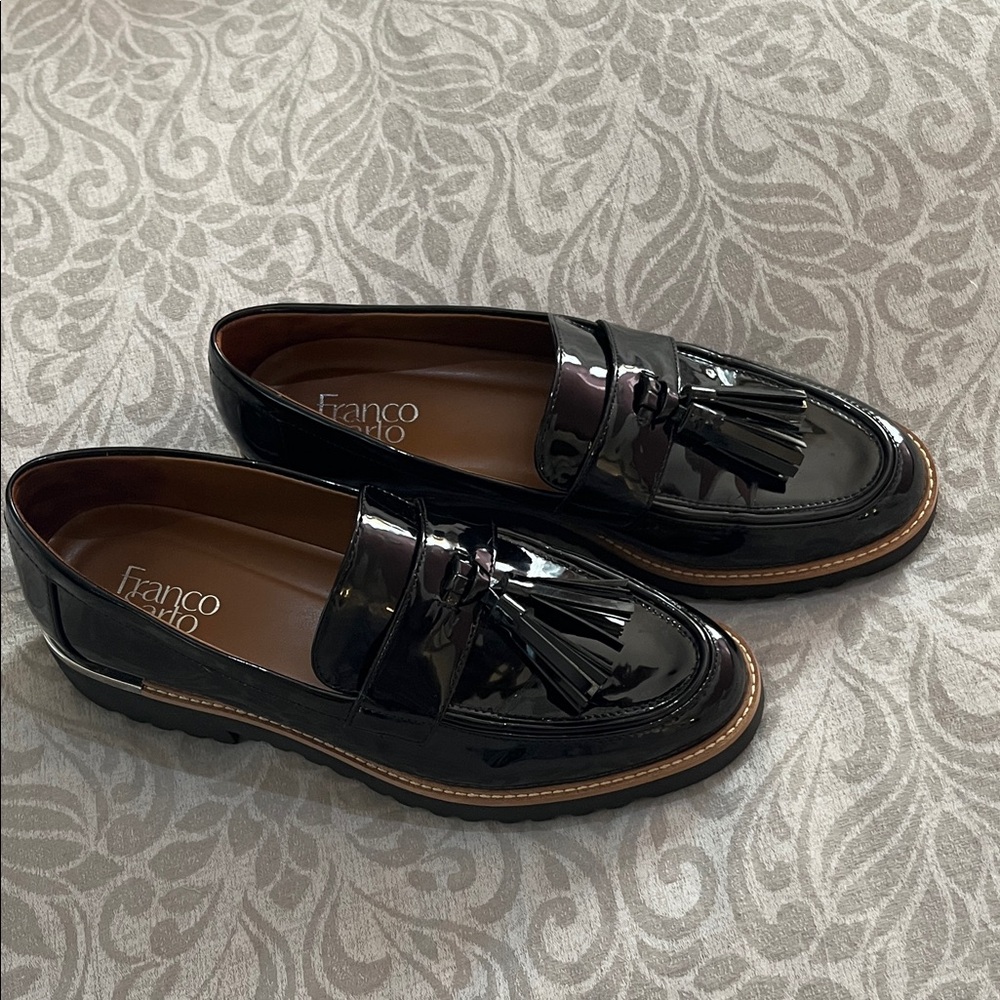 Franco Sarto Glossy Black Tassel Loafers